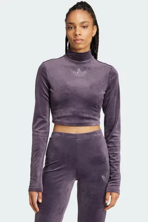 adidas Long Sleeve Rhinestone Trefoil Velvet Crop Top