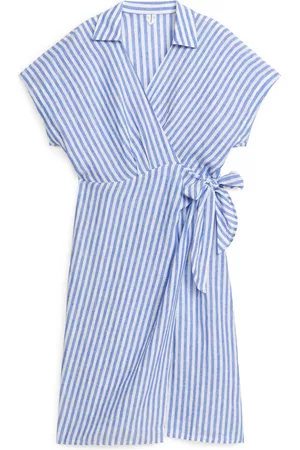 ARKET Dames Zomerjurken - Midi Linen Wrap Dress - Blue