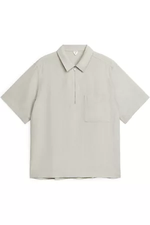 ARKET Heren Korte Mouwen Overhemden - Half-Zip Short-Sleeved Shirt - Beige