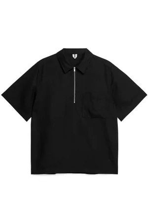 ARKET Heren Korte Mouwen Overhemden - Half-Zip Short-Sleeved Shirt - Black