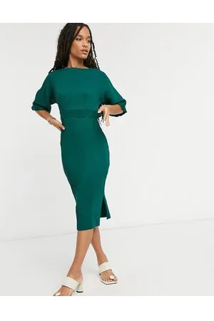 Closet Ribbed pencil dress with tie belt in emerald