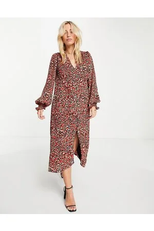 In The Style X Olivia Bowen v neck button through midi dress in red animal print