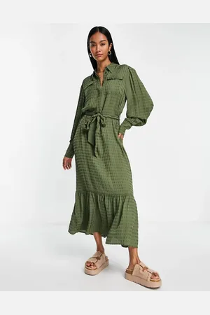 River Island Textured belted shirt midi dress in khaki