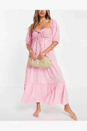 River Island Shirred smock midi beach dress in light
