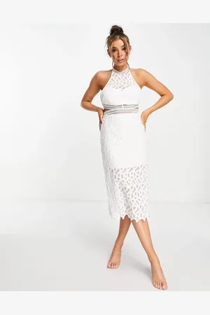 Bardot Cut out broderie midi dress with sheer overlay in ivory