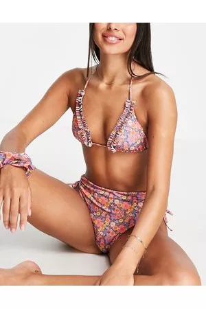Topshop Frill triangle in ditsy floral bikini top with matching scrunchie