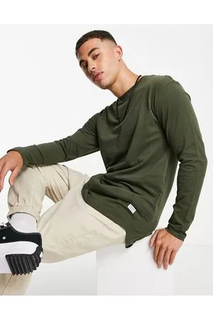 JACK & JONES Essentials cotton long sleeve top with curve hem in khaki