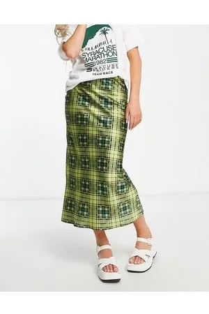 Topshop Grunge check satin bias midi skirt in