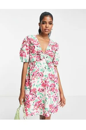 Pieces® Puff sleeve tie detail mini dress in white floral