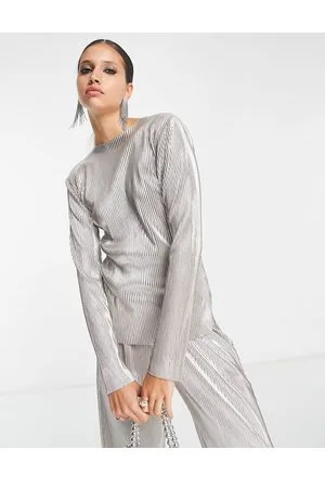 4th & Reckless High neck long sleeve plisse top cord in metallic plisse