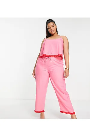 ASOS DESIGN Petite modal cami & trouser pyjama set with contrast frill in  pink & red
