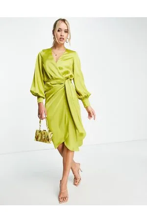 Never Fully Dressed Satin wrap midi dress in olive