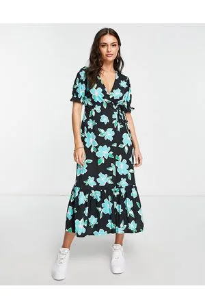 New Look Floral wrap front open back midi dress in