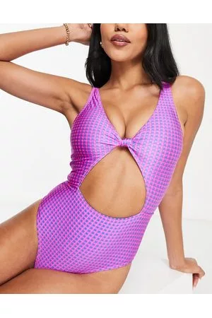 Topshop Gingham knot front swimsuit in neon