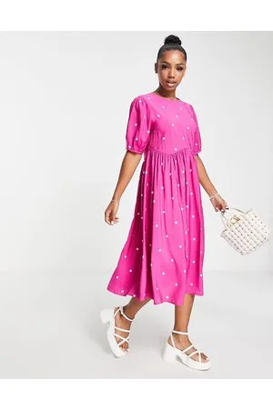 Pieces® Puff sleeve midi dress in hot with polka dot