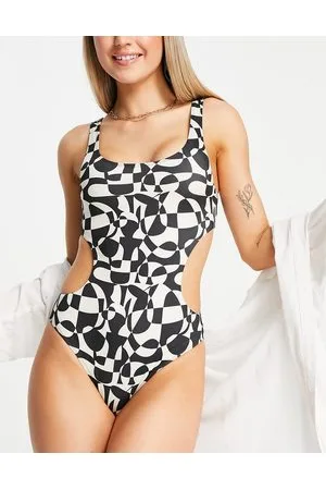 Monki Side cut out swimsuit in black and white graphic print