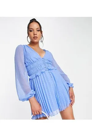 ASOS ASOS DESIGN Tall button through ruched waist pleated mini dress in metallic dobby in cornflower