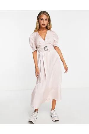 River Island Belted midi dress with puff sleeves in light