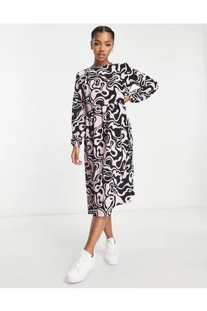 Monki Midi dress in pink and brown swirl print