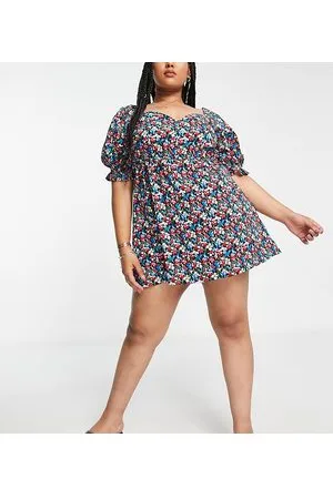 Yours Puff sleeve dress with tie back in blue floral