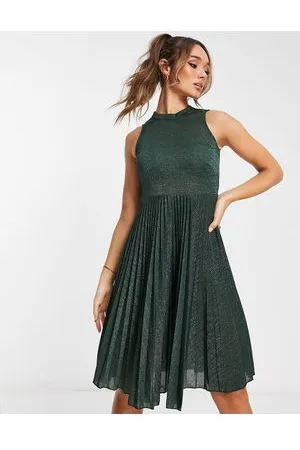 Closet High neck pleated midi dress in metallic emerald