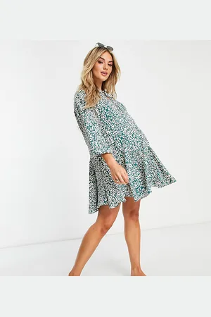 Glamorous Glamorous Maternity tie neck tiered smock mini dress in teal leopard
