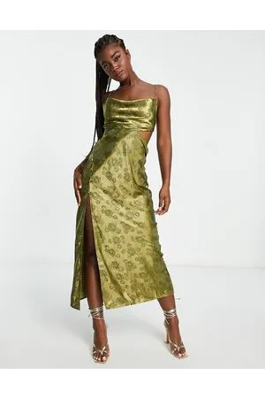 Love Triangle Floral jacquard satin maxi dress in khaki