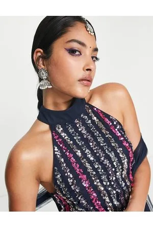 Maya Deluxe Stripe sequin halter crop top in multicolour co-ord
