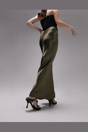 Topshop Satin bias maxi skirt in dark khaki