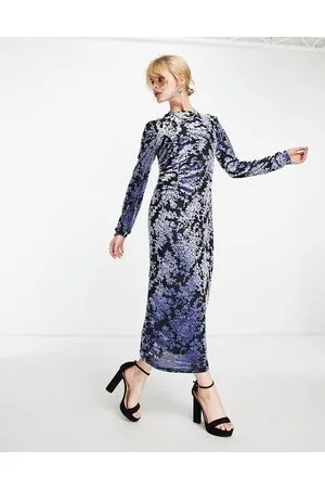 SELECTED Floral devore velvet long sleeve midi dress in blue