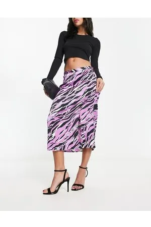 JDY Exclusive side split satin midi skirt in purple animal print