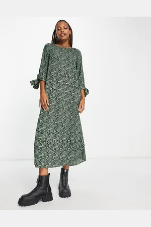Monki Tie sleeve smock midi dress in swirl