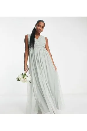 ANAYA Bridesmaid v neck ruffle waist maxi dress in sage