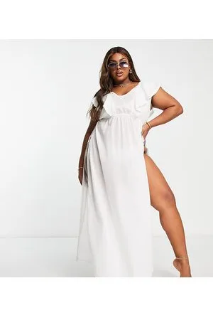 ASOS Curve flutter sleeve plunge maxi beach dress in ivory