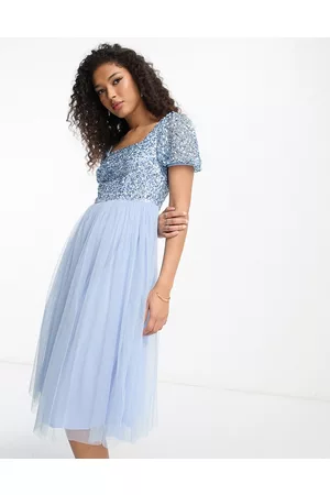 Maya Deluxe Bridesmaid puff sleeve midi dress in baby