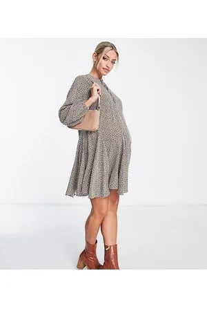Glamorous Glamorous Maternity tie neck mini smock swing dress in brown floral