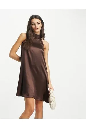 Urban Threads Satin high neck mini dress in chocolate