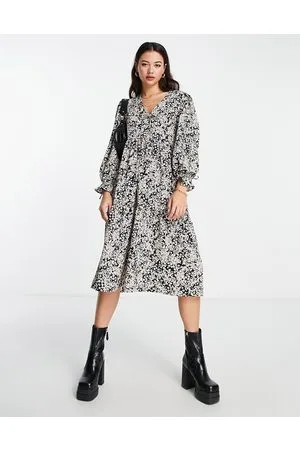 Monki Long sleeve ditsy floral print midi dress in