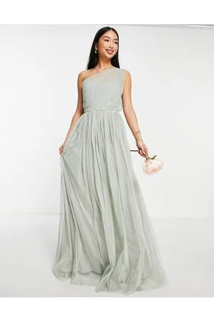 ANAYA Bridesmaid tulle one shoulder maxi dress in sage