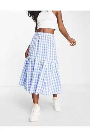 Monki Seersucker ruffle midi skirt in blue and white gingham