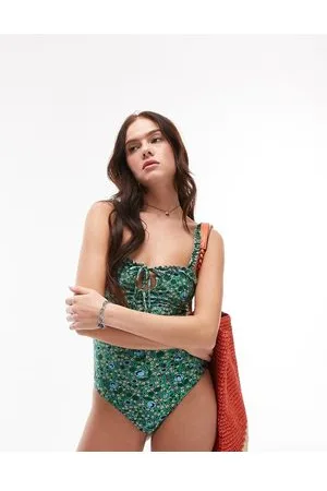 Topshop Meadow print frill trim swimsuit in green