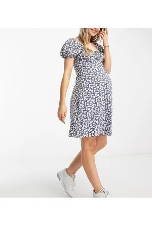 Glamorous Glamorous Maternity milkmaid mini tea dress in blue daisy