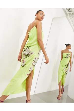 ASOS Dames Midi jurken - Cherry blossom embroidery satin drape cami midi dress in lime green