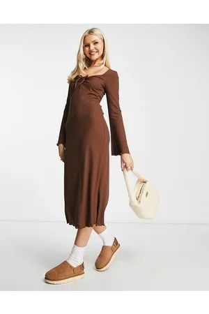 New Look Ribbed midi dress with ruched tie front detail in