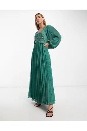 ASOS Dames Feestjurken - Square neck pleated dobby embroidery maxi dress in dark green