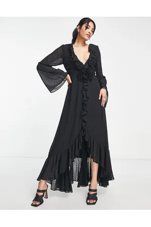 ASOS Dames Feestjurken - Ruffle detail plunge dobby midi dress with corsage in black