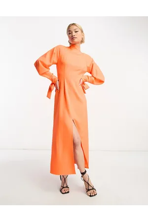 ASOS Dames Feestjurken - High neck midi dress with split front and tie sleeves in neon orange