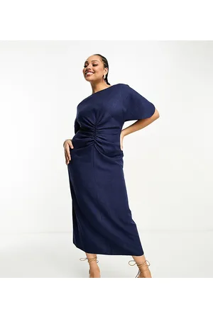 ASOS Dames Jurken - ASOS DESIGN Curve linen-look flutter sleeve midi dress with ruching detail in navy