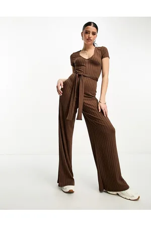 ASOS Dames Korte Mouwen Jumpsuits - Jersey rib wide leg jumpsuit with short sleeves in brown