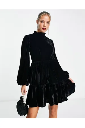 ASOS Dames Feestjurken - Velvet mini smock dress with pie crust neck in black